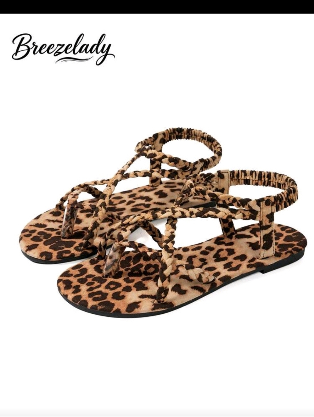 Leopard Print Strappy Flat Sandals - Tan/Black - Picture 4 of 6